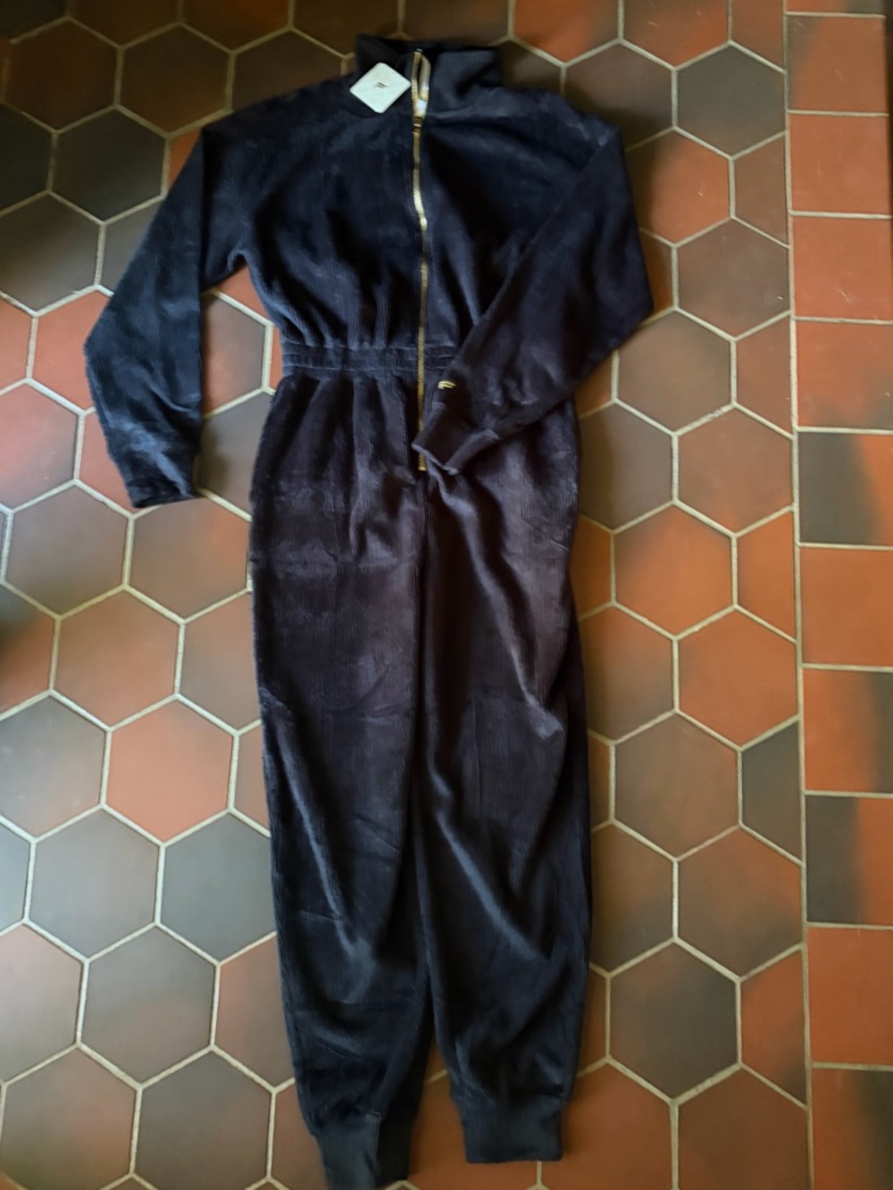 Fabletics Dark Navy Corduroy Zip Jumpsuit with Gold Zipper